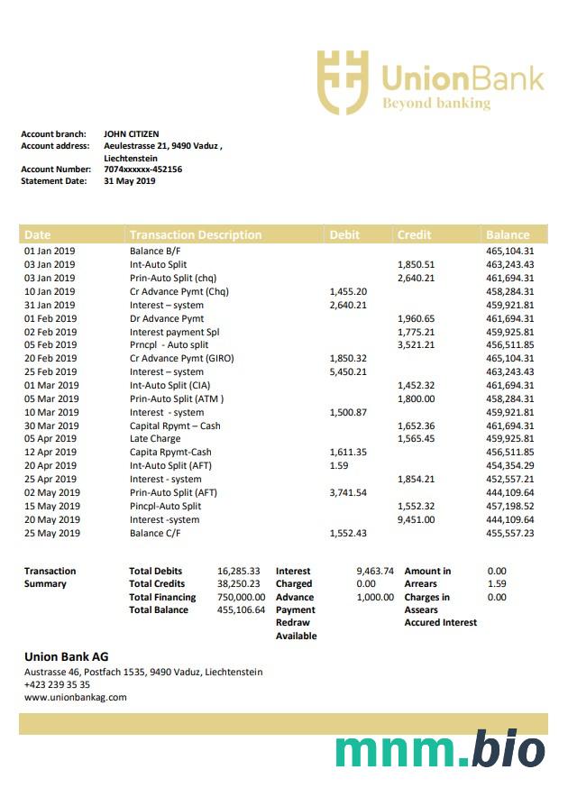 Wyciąg bankowy Liechtenstein Union Bank AG łatwy do wypełnienia szablon w formacie Excel i PDF
